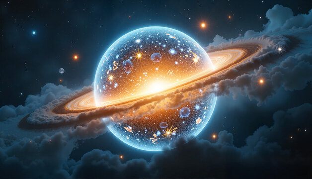 Cosmic planet with rings glowing among colorful stars and clouds