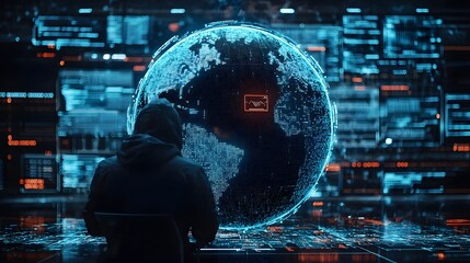 Digital Globe of Big Data with Hacker Infiltrating Networks   Concept of Cybersecurity Threat Detection and Digital Transformation in the Age of Increasing Connectivity and Big Data