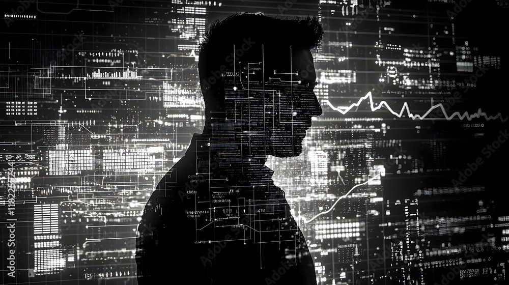 Poster dramatic double exposure image of a hacker silhouette overlaid with digital data points graphs and f
