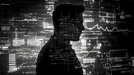 Dramatic double exposure image of a hacker silhouette overlaid with digital data points graphs and financial charts symbolizing the intersection of technology cybersecurity
