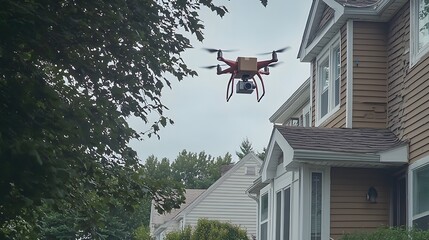 Drone Carrying Package Over Suburban Neighborhood with Houses Trees and Residential Architecture  Concept of Automated Delivery and Advanced Logistics Technology