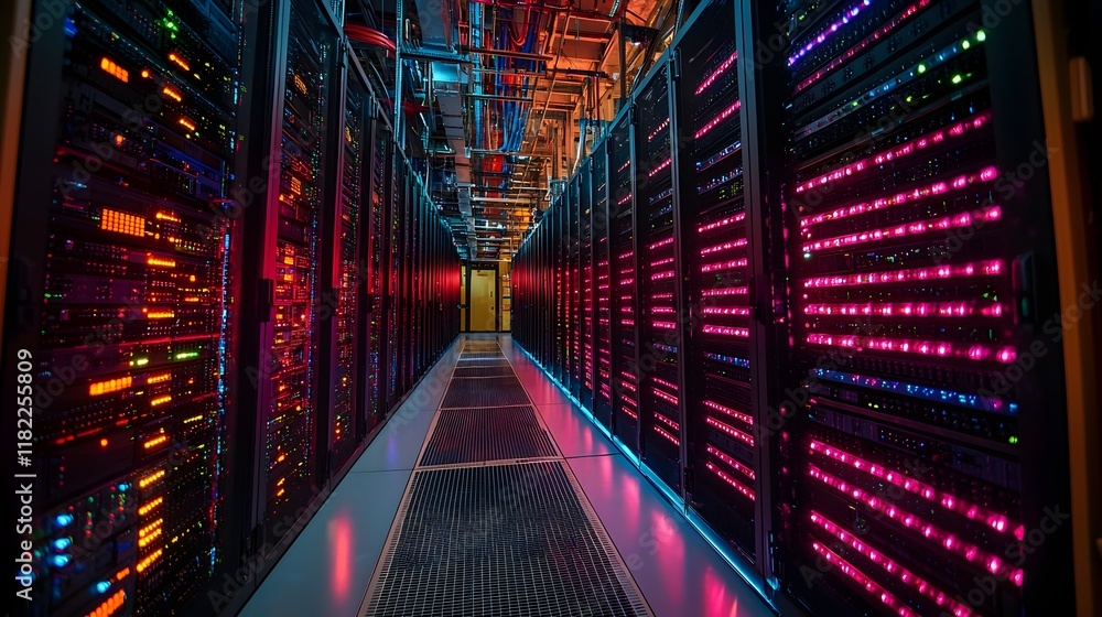 Poster futuristic and modern data center interior with rows of illuminated server racks colorful digital li
