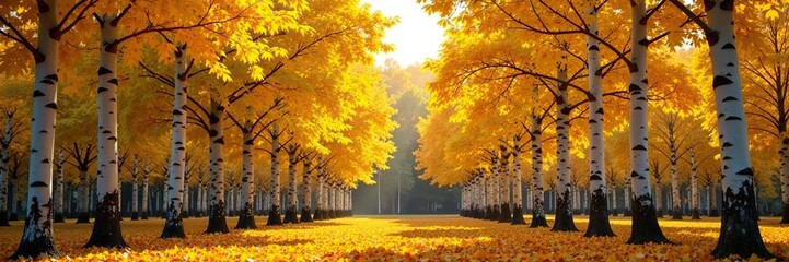 Naklejka premium Autumnal canopy with yellow aspens and golden birch trees, golden birches, birch trees, yellow leaves