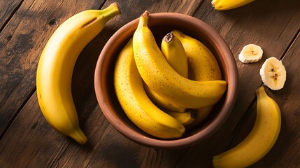 A bunch of ripe bananas arranged in a bowl with a few scattered on a wooden table