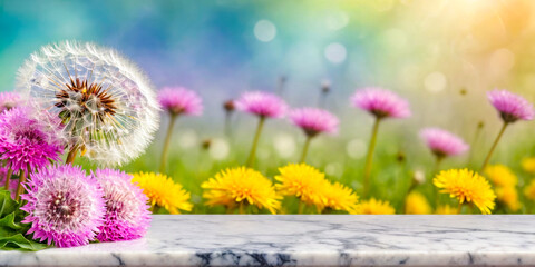 Spring Flowers on Marble Tabletop with Blurred Background