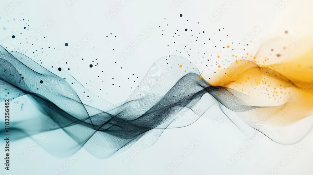 Poster dynamic technological background with black lines and dots flowing curves minimalist theme