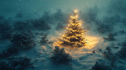 Fototapeta premium Christmas tree illuminates snowy forest at night in serene winter wonderland