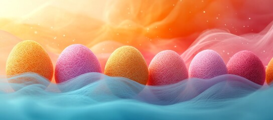 Colorful eggs resting on a soft, wavy background filled with vibrant hues during a serene moment