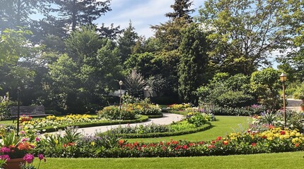 Obraz premium A Beautifully Landscaped Garden Brimming with a Variety of Vibrant and Colorful Flowers