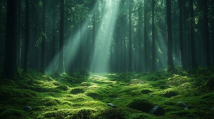 Obraz premium Sunbeams illuminate a mystical, moss-covered forest path.