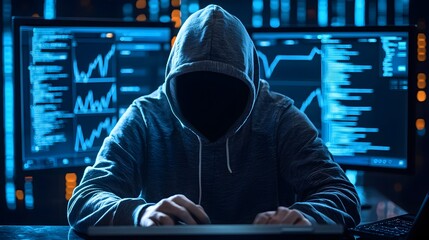 Ominous hacker activities depicted in a double exposure style over a big data analytics dashboard symbolizing the threats of cybersecurity breaches and data manipulation in the digital age