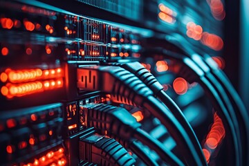Cyberpunk Server Room Close-up of Network Cables and Red Lights, Data Center Technology Data Center, Network Infrastructure