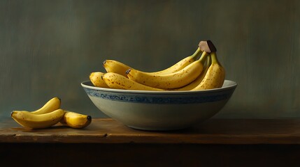 A bunch of ripe bananas arranged in a ceramic bowl with a few scattered on the table