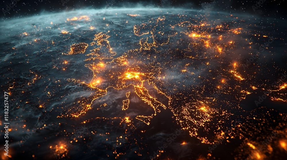 Aufkleber aerial view of a sprawling global data network connecting a bustling cityscape illuminated by glowin
