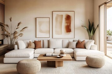 Minimalist living room, neutral tones, L-shaped white sofa, round wooden coffee table, beige pouf ottomans, abstract wall art, palm frond decor, sheer curtains, natural light, textured throw pillows, 
