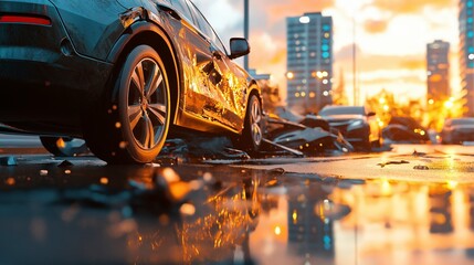 Wreckage of a car reflecting colorful sunset lights on a rain-soaked urban street filled with damaged vehicles. Generative AI
