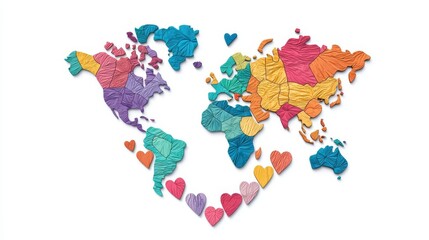 Obraz premium Colorful world map design with hearts symbolizing love.