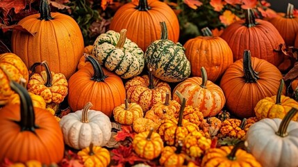 Autumn Harvest A Colorful Composition of Pumpkins and Gourds, Fall Colors, Thanksgiving, Autumnal Still Life Keywords Pumpkins, Gourds