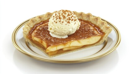 A slice of apple pie topped with vanilla ice cream on a decorative plate.
