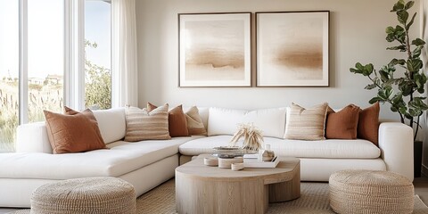 Minimalist living room, neutral tones, L-shaped white sofa, round wooden coffee table, beige pouf ottomans, abstract wall art, palm frond decor, sheer curtains, natural light, textured throw pillows, 