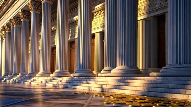 Golden coins scattered under ancient columns at sunset, showcasing architectural beauty and wealth
