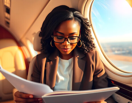 Femme d'affaires afro-am&eacute;ricaine confiante dans un jet priv&eacute;