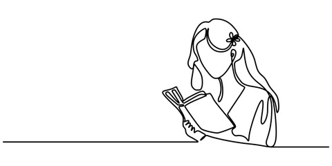 Woman Reading or Studying. Single Line Drawing Style with Editable Stroke, woman focused on reading interesting book continuous one line drawing, Single continuous line drawing happy woman sitting on 