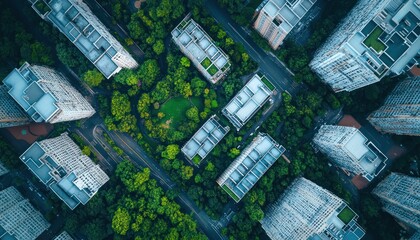 Aerial view Urban park, city buildings, green space, overhead, drone shot, development, planning