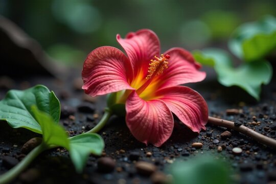Fallen Harshringar flower on damp earth with vines and leaves, vine, parijat