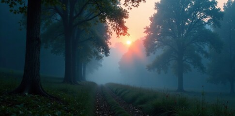Forest at dawn misty foggy atmosphere serene peaceful, forest, mist