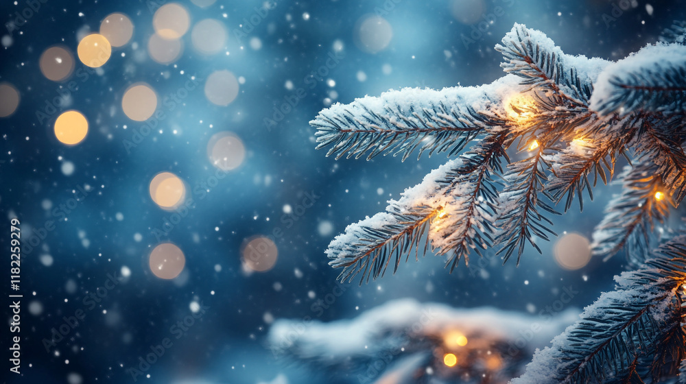 Poster snow-covered pine branches with glowing lights and soft bokeh in a winter setting