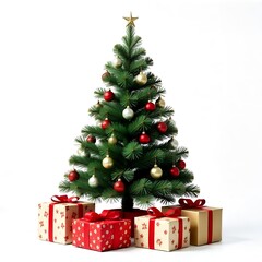 Festive Christmas Tree with Gifts Red Gold Ornaments Holiday Season