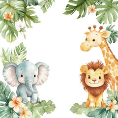 Watercolor illustration of cute forest animals with leaves and flowers on a white background. © lway