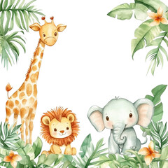 Watercolor illustration of cute forest animals with leaves and flowers on a white background. © lway