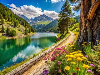 Fototapeta premium Valmayor Lake Spain: Picturesque Countryside Route, Fir Forest & Hill Macro Photography