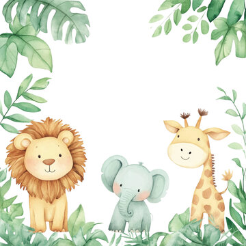 Fototapeta Watercolor illustration of cute forest animals with leaves and flowers on a white background.