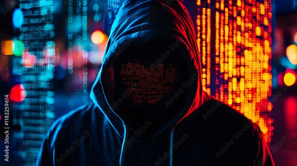 Poster hacker accessing and breaching private data while big data analytics and visualization displays on t