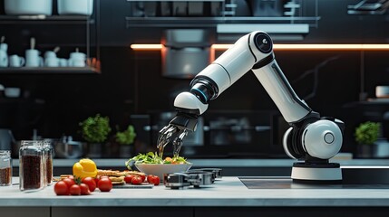 Robotic Kitchen Arm Preparing Salad in Modern Futuristic Kitchen Setup