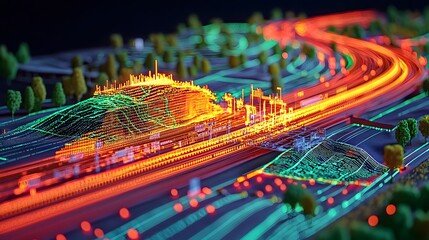 Obraz premium Vibrant Real Time Data Visualization of High Tech Futuristic Infrastructure Dynamic abstract of a complex digital network simulation and analytics system powering future technological advancement