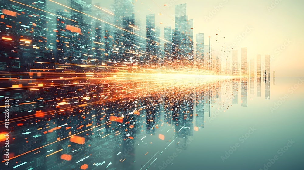 Poster blurred cityscape with digital data breach and big data analytics visualization double exposure effe