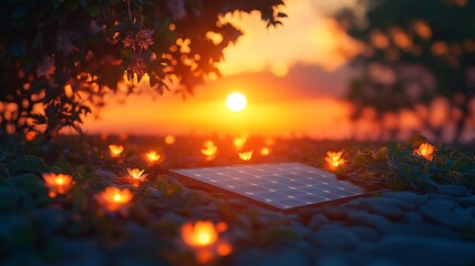 Fototapeta premium Solar Panel at Sunset Amidst Blossoming Flowers