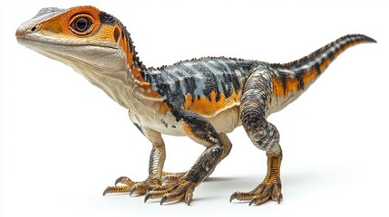 Naklejka premium Realistic Ornitholestes Dinosaur on White Background. Generative AI