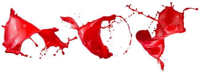 set of red liquid splashes isolated on white background. 3d render