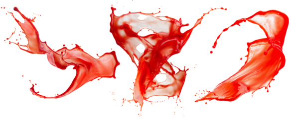 set of red liquid splashes isolated on white background. 3d render