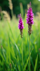 Naklejka premium Liatris spicata stems and leaves amidst tall grasses, tall grasses, Liatris, foliage