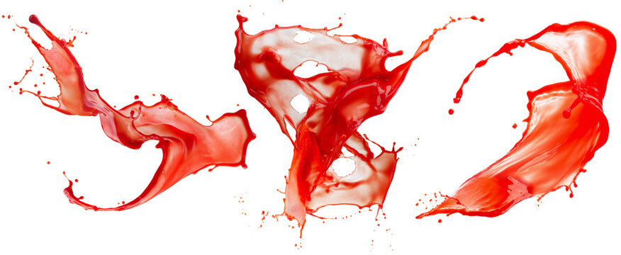 set of red liquid splashes isolated on white background. 3d render