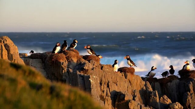 Puffins Settle on Rocky Cliffs Overlooking Ocean Waves During Sunset at a Coastal Location