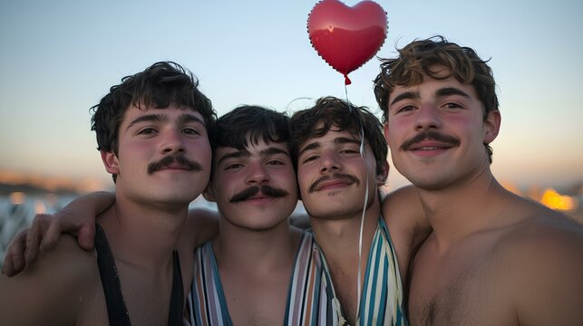 Four young men with mustaches are standing closely together, each wearing a striped tank top in different colors of red, blue, yellow, and white, along with color-coordinated swimwear. They are smilin - Powered by Adobe