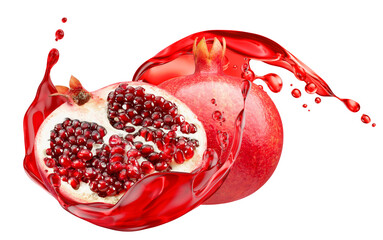 pomegranate with juice splash isolated on a white background