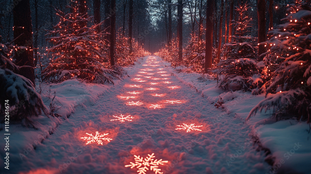 Poster path illuminated with red snowflake lights in a snowy forest during winter twilight